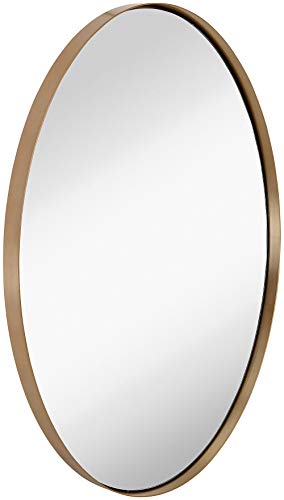 Hamilton Hills Contemporary Brushed Metal Wall Mirror | Oval Gold Framed Rounded Deep Set Design | Mirrored Hangs Horizontal