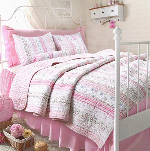Cozy Line Home Fashions Pink Rose Blue Flower Floral Printed Lace Stripe 100% Cotton Bedding Quilt Set Reversible Coverlet