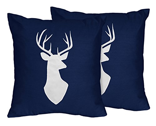 Sweet Jojo Designs Navy White Deer Decorative Accent Throw Pillows for Navy Blue, Mint and Grey Woodsy Boys Bedding Sets -