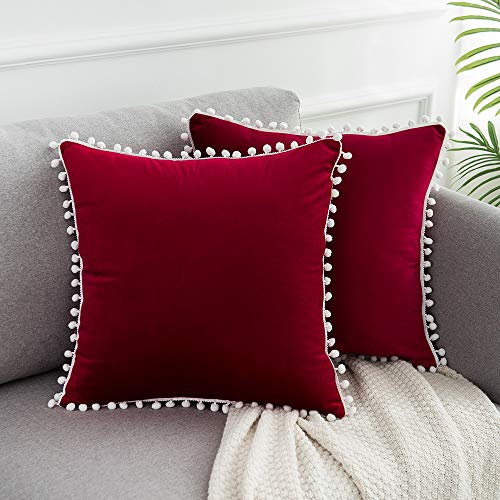 WLNUI Soft Velvet Mother's Day Burgundy Pillow Covers Decorative Cute Pom Poms Throw Pillow Covers Square Cushion Case for