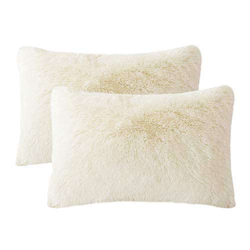 LIFEREVO 2 Pack Shaggy Plush Faux Fur Pillow Shams Fluffy Decorative Pillowcases Zipper Closure (Standard Queen Light Beige)
