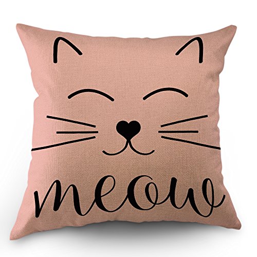 Moslion Cat Face Pillows Decorative Throw Pillow Cover Case Cute Cat Smile Meow Cotton Linen Pillow Case 18x18 Inch Square