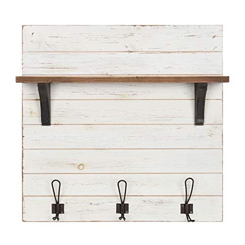 Kate and Laurel Jeran Farmhouse Distressed Shiplap Wood Wall Shelf with 3 Hooks Distressed White 24x26