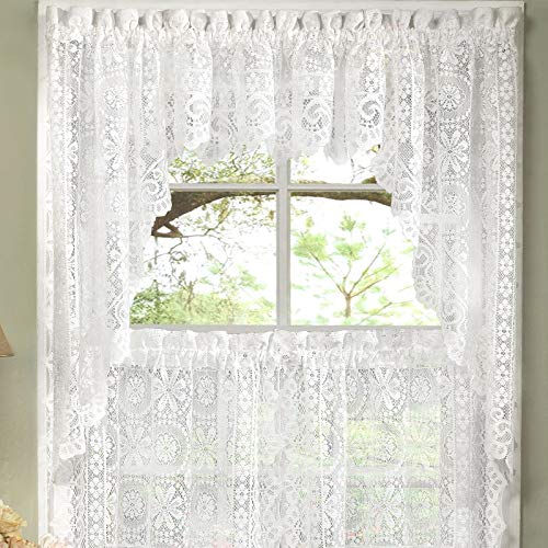Abeautifulseller Hopewell Heavy White Lace Kitchen Curtain Choice of Tier Valance or Swag (Swags)