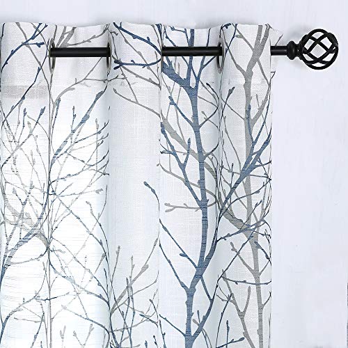 Fmfunctex Blue White Curtains 84â€ for Living Room Grey Tree Branches Print Curtain Set Linen Textured Semi-Sheer Window