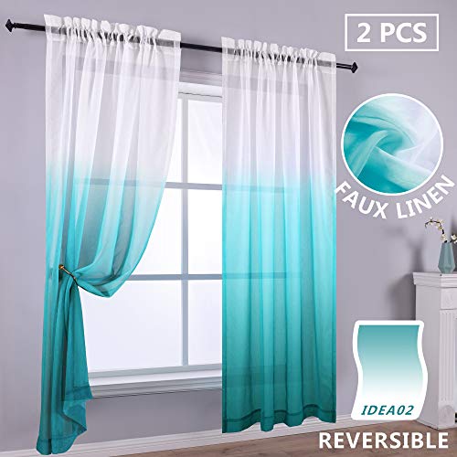 KOUFALL Reversible Ombre Curtains Teal White Sheer Window Curtain Panel 2 Faux Linen Semi Sheer Curtains for Bedroom Decor Kid