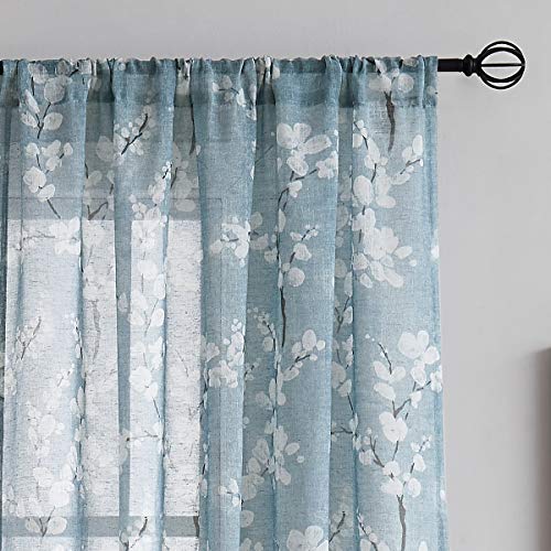 Fmfunctex Blue-White Sheer Curtains for Living-Room 84" Long Blossom Print on Flax Linen Blend Window Curtain Panels 2 Pack