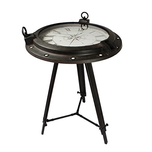 Urban Designs Industrial Porthole Metal Round Clock Coffee & End Table, Brown