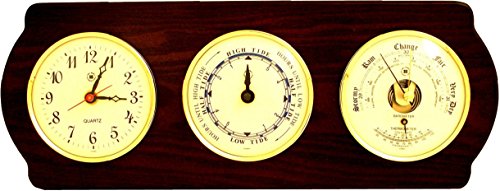 Bey Berk Bey-Berk WS418 Quartz, Tide Clock and Barometer with Thermometer on Ash Wood with Brass Bezel. Wall Mounts Vertically or
