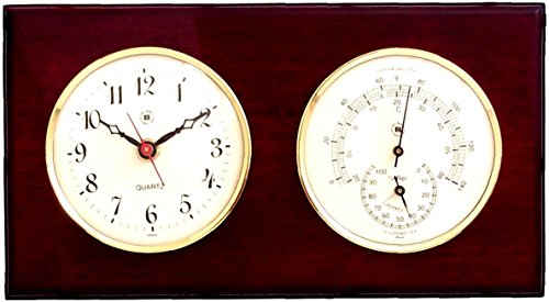 Bey Berk Bey-Berk WS219 Quartz Clock and Thermometer with Hygrometer on Mahogany Wood with Brass Bezel. Wall Mounts Vertically or