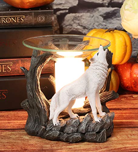 Ebros Gift Ebros Arctic Tundra Forest Snow White Ghost Wolf Howling at The Moon Electric Oil Burner Tart Warmer Aroma Scent Statue Night