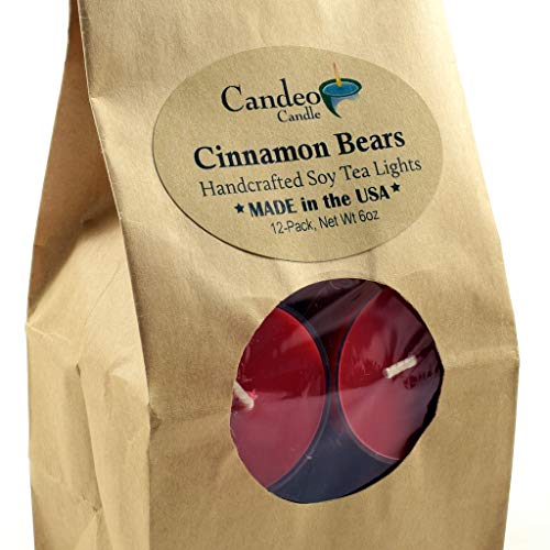 Candeo Candle Cinnamon Bear, Holiday Scented Soy Tealights, 12 Pack Clear Cup Christmas Candles