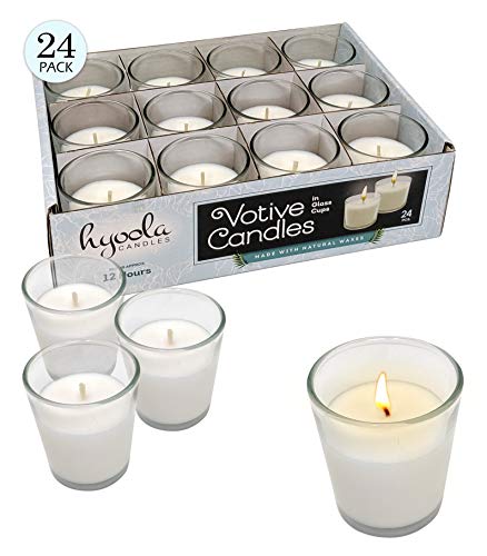 Hyoola White Votive Candles - 24 Pack - Clear Glass Cups, Unscented, Long 12 Hour Burn Time - for Party Decorations,