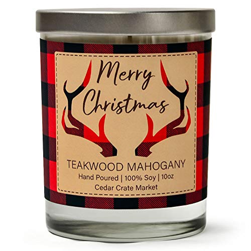 Cedar Crate Market Merry Christmas, Mahogany, Teakwood, Cedarwood, Buffalo Plaid Christmas Scented Soy Candle, 10 Oz. Candle, Made in The USA,