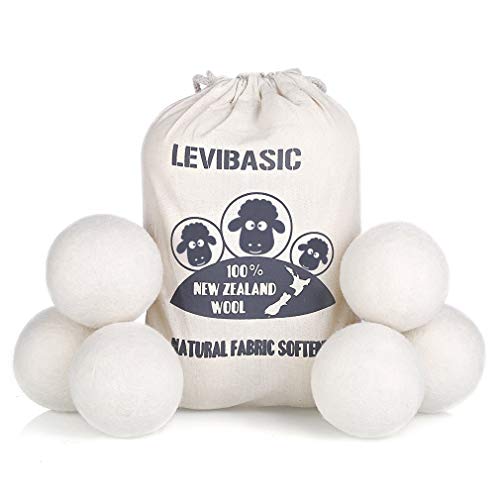 LeviBasic Wool Dryer Balls 6 Pack XL, 3" Genuine New Zealand Wool to Core, 100% Organic Fabric Softener Alternative, Baby Safe &