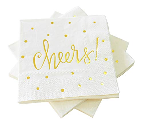 Simple Glee Pack of 50 Cheers Cocktail Party Napkins 3-Ply - Disposable Paper Napkins Gold Foil Designs - Perfect for Birthdays, Bridal,