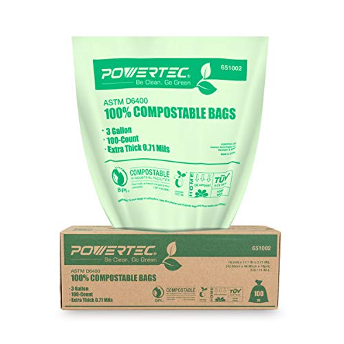 POWERTEC ASTM D6400 Certified Compostable Bags â€“ 100 Count | 11.35 Liter - 3 Gallon Trash Bags, 0.71 Mil, US BPI and