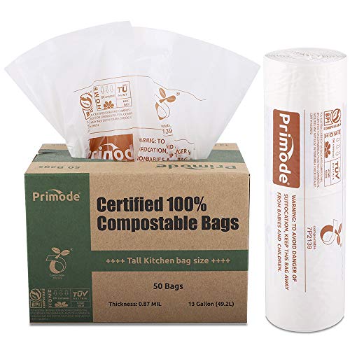 Primode 100% Compostable Bags, 13 Gallon Food Scraps Yard Waste Bags, 50 Count, Extra Thick 0.87 Mil. ASTMD6400 Compost Bags