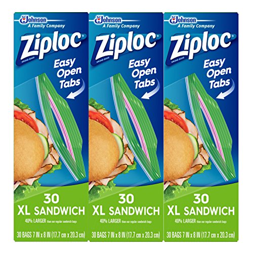 Ziploc Sandwich Bags with New Grip 'n Seal Technology, XL, 30 Count, Pack of 3 (90 Total Bags)