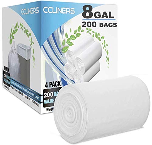 ccliners 5XKM9WV 8 Gallon Medium Trash Bags White Kitchen Garbage Bags  Plastic Wastebasket Trash Can Liners for Home and Office Bins, 200 Count