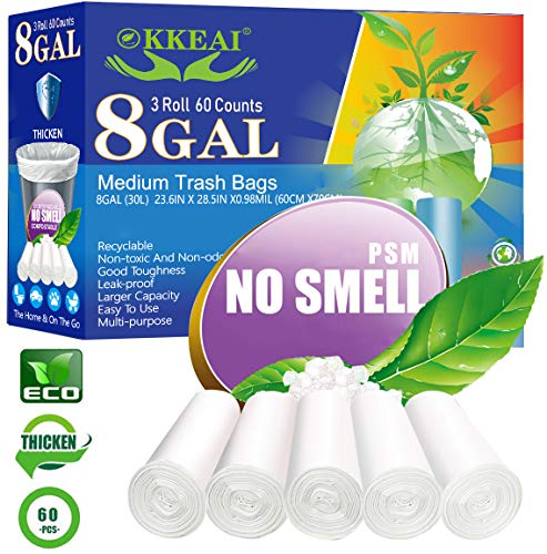 WCPFVKC OKKEAI Medium Trash Bags Biodegradable Garbage Bags 8 Gallon White  Thicker 0.98 MIL Kitchen Trash Bags Wastebasket Liners for