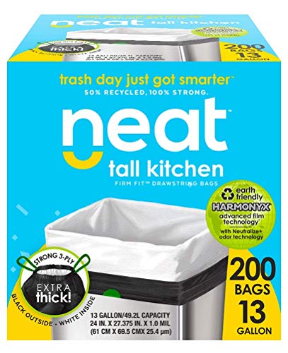 Neat Tall Kitchen 13 Gallon Drawstring Trash Bags - (MEGA 200 Count) - Triple Ply Fortified, Eco-Friendly 50% Recycled