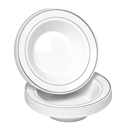 Bloomingoods 50 Disposable White Silver Rimmed Plastic Soup Bowls 14