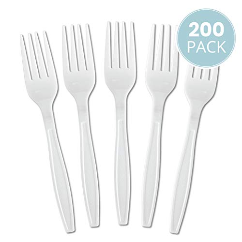 Plasticpro Disposable White Plastic Forks Heavyweight Utensils Pack of 200 Count