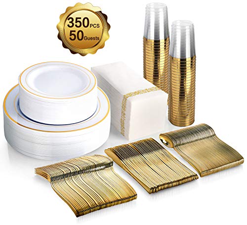350 Piece M MCIRCO Gold Dinnerware Set - 100 Gold Rim Plastic Plates - 50  Gold Plastic Silverware - 50 Gold Plastic Cups - 50