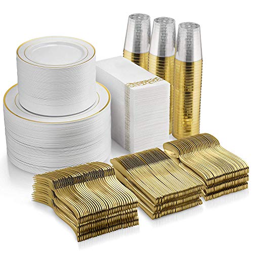 Munfix 700 Piece Gold Dinnerware Set - 200 Gold Rim Plastic Plates - 300 Gold Plastic Silverware - 100 Gold Plastic Cups - 100 Linen