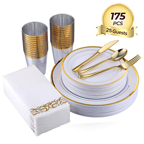 Focus Line 175 Piece Gold Dinnerware Set 25 Guest-50 Gold Rim Plastic Plates-25 Gold Plastic Silverware-25 Gold Plastic Cups-25 Linen