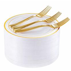 I00000 72 Pieces Gold Dessert Plates 7.5" with 72 Pieces Gold Plastic Forks 7.4", Heavyweight White with Gold Rim Plastic Plates,