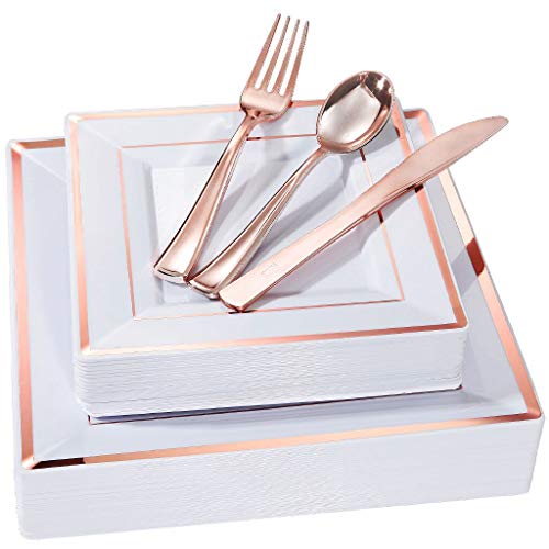 WDF 125pcs Rose Gold Plastic Plates with Disposable Plastic Silverware-Rose Gold Rim Square Plastic Dinnerware include 25