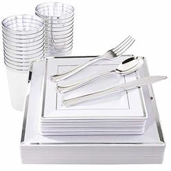 I00000 IOOOOO 150 Pieces Silver Square Plates & Disposable Silverware & Plastic Cups, Silver Plastic Dinnerware Include: 25 Dinner