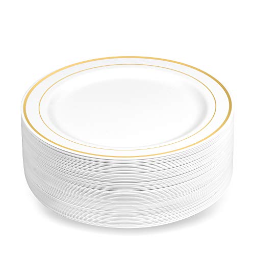 BloominGoods Gold Rimmed Plastic Plates (100 Pack) 7.5" Inch Heavyweight White Dessert/Appetizer Plates | Real China Look