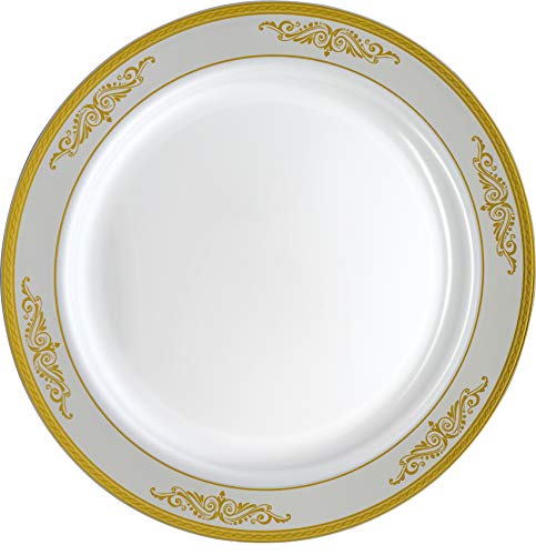 Laura Stein [40 Count - 10 Inch Plates] Laura Stein Designer Tableware Premium Heavyweight Plastic White Dinner Plates Gold Rim And