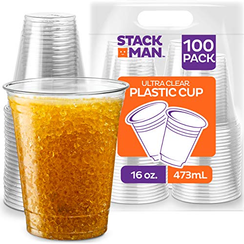 Stack Man [100 Pack - 16 oz.] Clear Disposable Plastic Cups PET Crystal Clear Disposable 16oz Plastic Cups