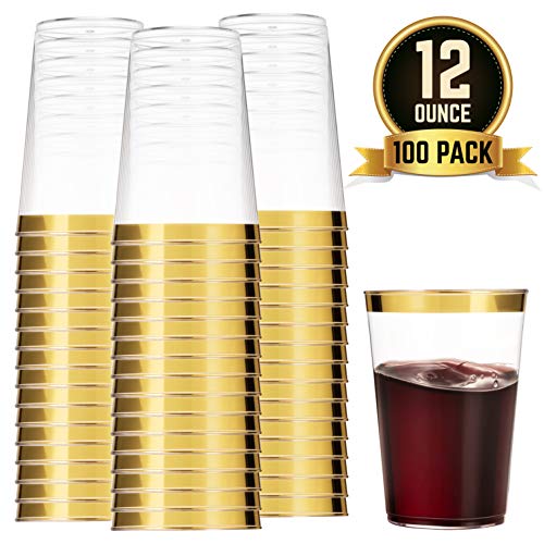 Munfix 100 Gold Plastic Cups 12 Oz Clear Plastic Cups Tumblers Gold Rimmed Cups Fancy Disposable Wedding Cups Elegant Party Cups