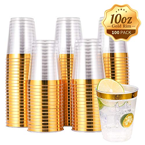 JOLLY CHEF 100 PACK Gold Plastic Cups,10 Oz Clear Plastic Cups Tumblers, Elegant Gold Rimmed Plastic Cups, Disposable Cups With Gold Rim