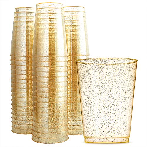 WDF 100pcs 12OZ Gold Cups,Disposable Gold Glitter Plastic Cups-Premium Wedding Cups-Party Cups (Gold Glitter Cups)
