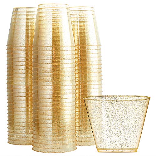 WDF 200pcs 9OZ Gold Cups,Disposable Gold Glitter Plastic Cups-Premium Wedding Cups-Party Cups
