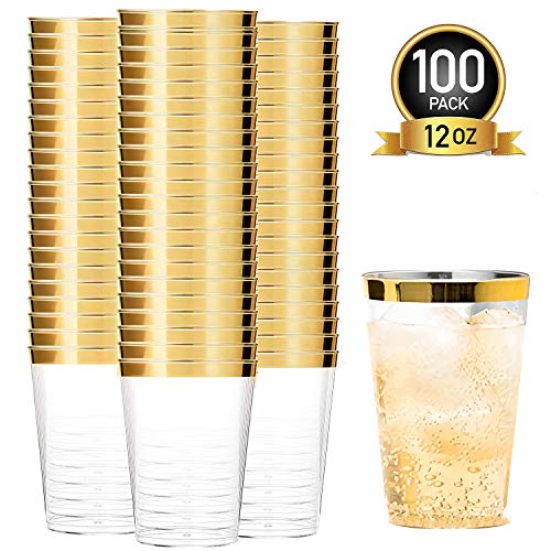 Tebery 100 Pack Gold Rimmed Plastic Cups 12oz Clear Plastic Tumblers Cups Disposable Wedding Cups Elegant Party Cups
