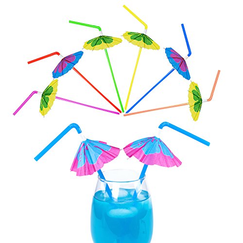 Super Z Outlet Multicolored Tropical Luau Parasol Hibiscus Print Umbrella Disposable Bendable Drinking Straws for Island Themed Party,