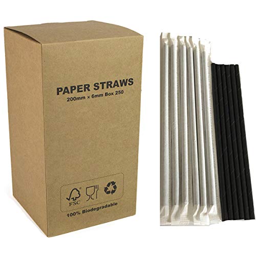 Kids Party Pro 250 pcs Individually Paper Wrapped Plain Black Paper Straws Bulk, Pure All Solid Black Paper Drinking Straws for Halloween