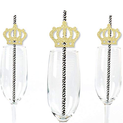 Big Dot of Happiness Gold Glitter Prince Crown Party Straws - No-Mess Real Gold Glitter Cut-Outs and Decorative Royal Prince Charming Baby Shower