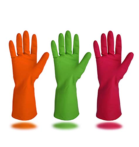 Cleanbear Synthetic Rubber Gloves, Medium Size, 11.8 Inches, 3 Pairs 3 Colors