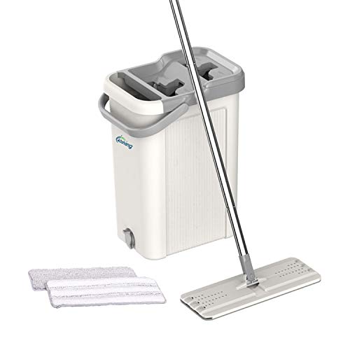 Oshang Flat Floor Mop and Bucket Set for Home Floor Cleaning, Hands Free Floor Flat Mop, Stainless-steel Handle, 2 Washable &