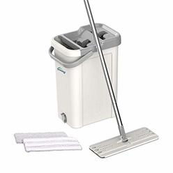Oshang Flat Floor Mop and Bucket Set for Home Floor Cleaning, Hands Free Floor Flat Mop, Stainless-steel Handle, 2 Washable &