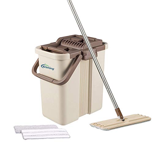 oshang Flat Squeeze Mop and Bucket - Hand-Free Wringing Floor Cleaning Mop - 2 Types Washable & Reusable Microfiber Mop
