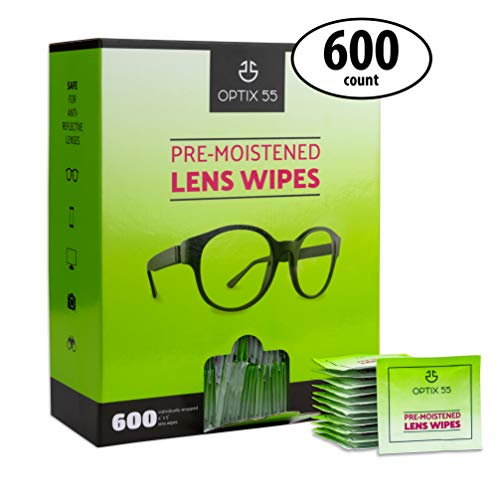 Optix 55 Eyeglass Lens Wipes - 600 Pre-Moistened Cloths in Hangable Box for Wall | Glasses Wipes Safe for Eye Glasses, Sunglasses,